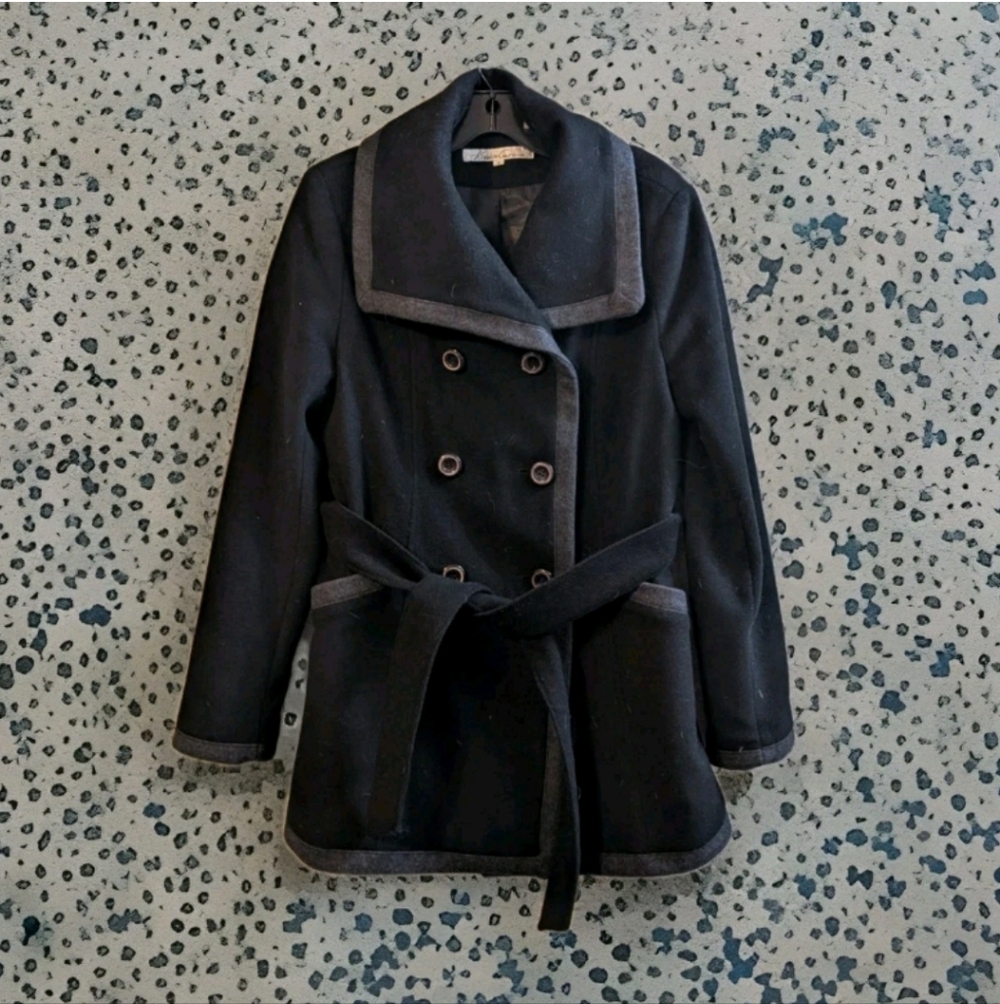Kenneth Cole Reaction Wool Blend Coat Black & Charcoal Double Breasted, Size 8